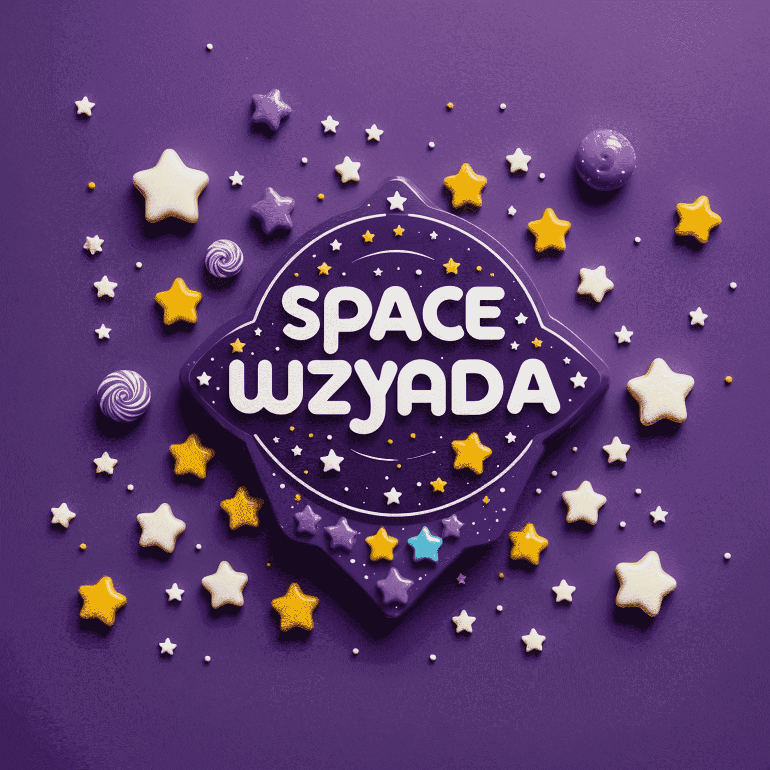 Space_Uzayda logosu: Mor arka plan üzerinde beyaz yazı ile şirket adı ve şeker şeklinde yıldızlar