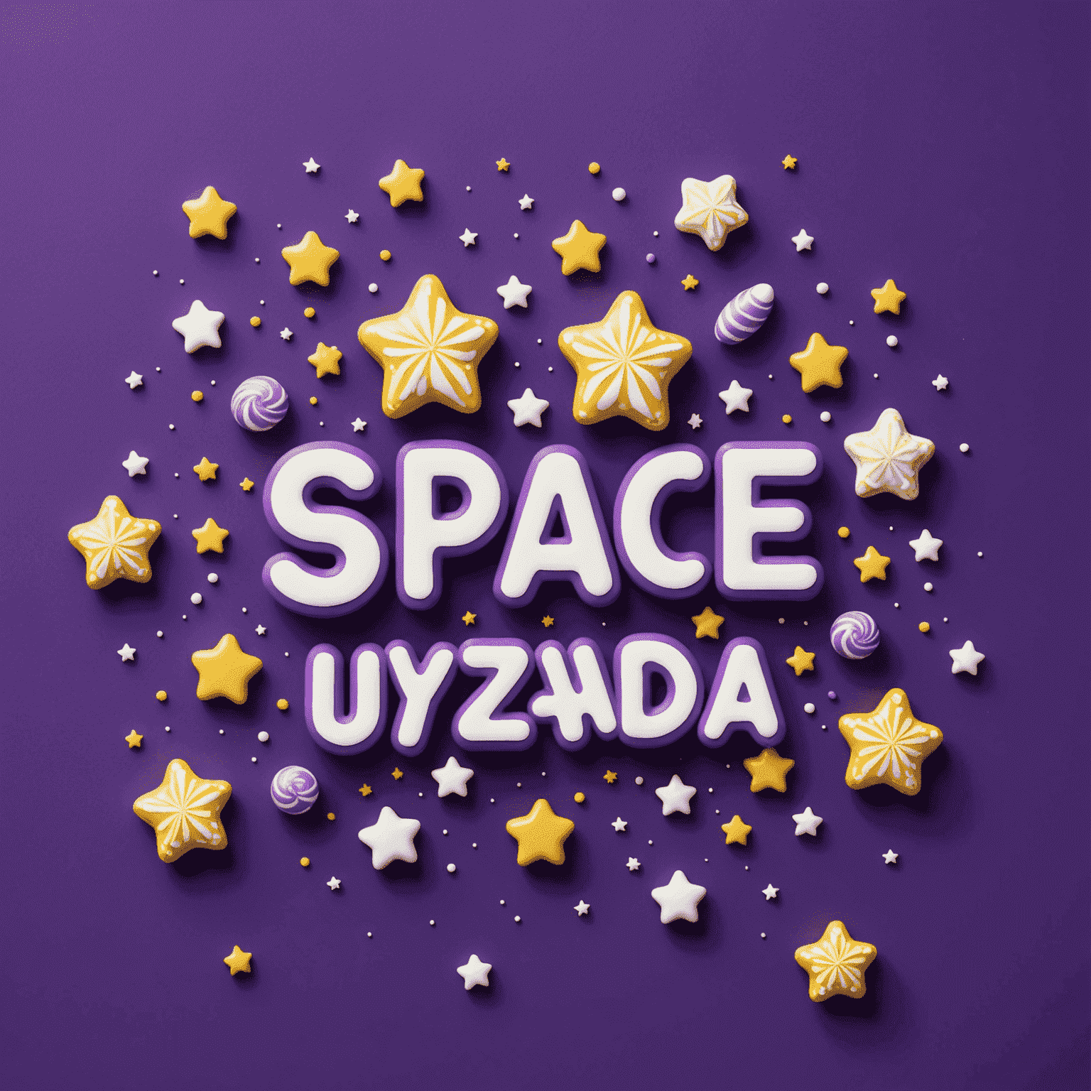 Space_Uzayda logosu: Mor arka plan üzerinde beyaz yazı ile şirket adı ve şeker şeklinde yıldızlar