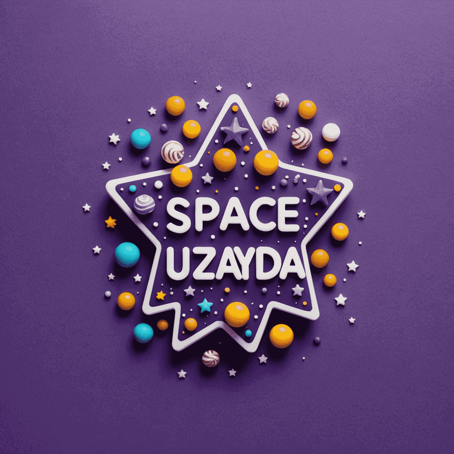 Space_Uzayda logosu: Mor arka plan üzerinde beyaz yazı ile şirket adı ve şeker şeklinde yıldızlar