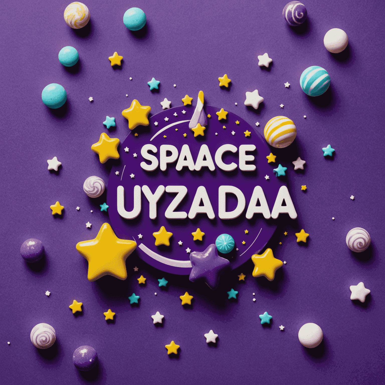 Space_Uzayda logosu: Mor arka plan üzerinde beyaz yazı ile şirket adı ve şeker şeklinde yıldızlar